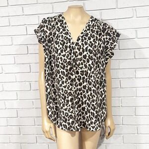 Chaus Leopard Print V-Neck Blouse XL Brown Black Flutter Cap Sleeve Top